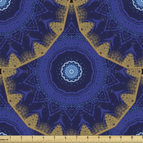 Ambesonne Mandala Fabric by the Yard Upholstery, Zigzag Circular Motifs Art, 1 Yard, Navy Blue and Dark Khaki