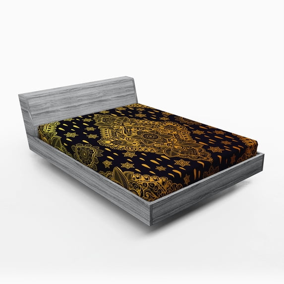 Ambesonne Mandala Fitted Sheet, Boho Paisley Folklore, Full Size, Charcoal Grey Mustard