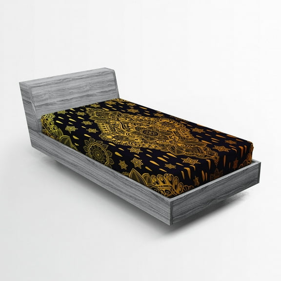 Ambesonne Mandala Fitted Sheet, Boho Paisley Folklore, Twin XL Size, Charcoal Grey Mustard