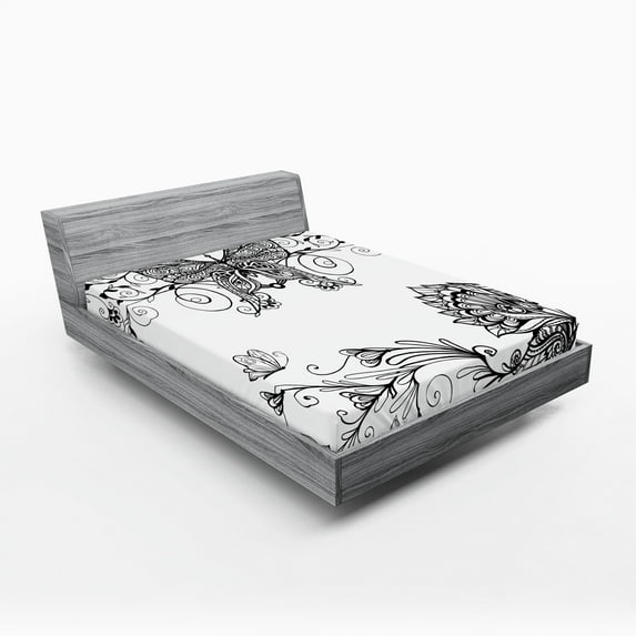 Ambesonne Mandala Fitted Sheet, Butterfly Floral, Full Size, White Black