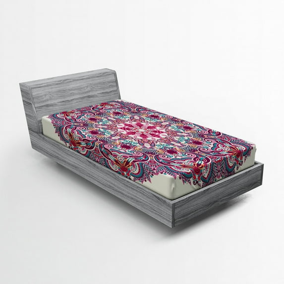 Ambesonne Mandala Fitted Sheet, Detailed Boho Floral Herb, Twin Size, Multicolor