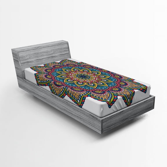 Ambesonne Mandala Fitted Sheet, Floral Leaves Details Art, Twin Size, Multicolor