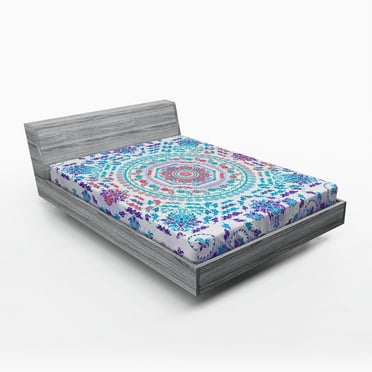 Ambesonne Mandala Fitted Sheet, Floral Medallion Design, Queen Size, Turquoise Purple