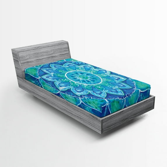 Ambesonne Mandala Fitted Sheet, Grunge Modern, Twin Size, Pale Blue and White