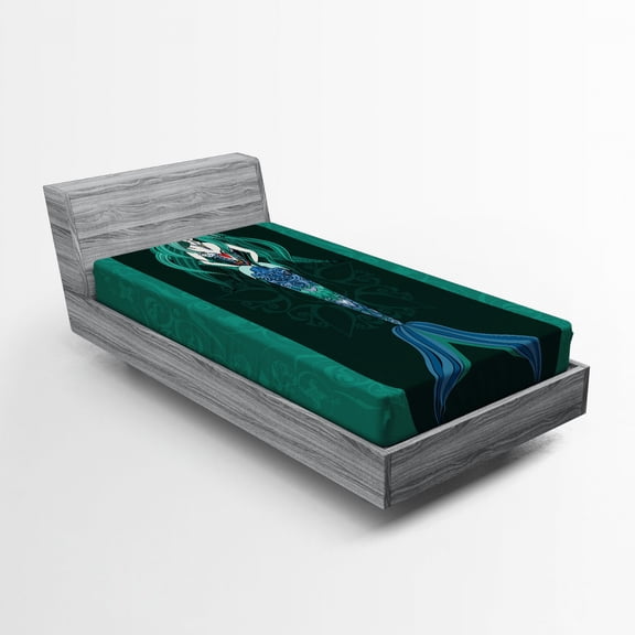 Ambesonne Mandala Fitted Sheet, Hand Drawn Mermaid, Twin Size, Violet Blue Jade Green