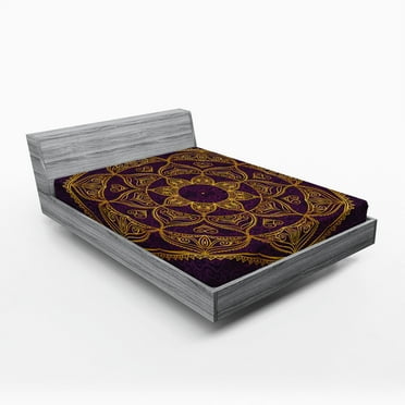 Ambesonne Mandala Fitted Sheet, Lace Like Circular, Full Size, Purple Earth Yellow