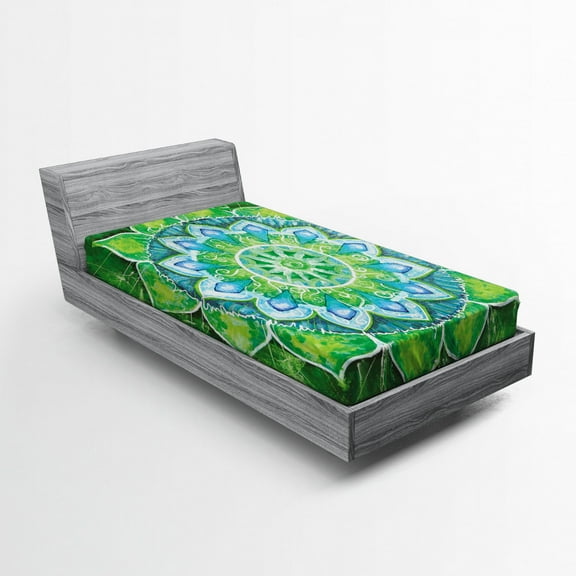 Ambesonne Mandala Fitted Sheet, Leaf Forms Nature, Twin XL Size, Green Blue