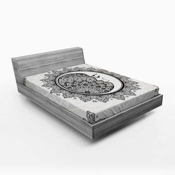 Ambesonne Mandala Fitted Sheet, Moon Stars Bohemian Pattern, Full Size, White Beige and Black