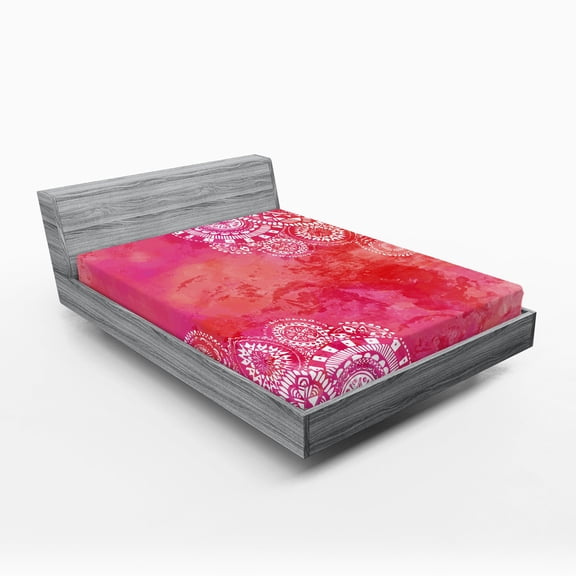 Ambesonne Mandala Fitted Sheet, Motifs, Full Size, Pink Coral White