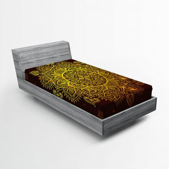 Ambesonne Mandala Fitted Sheet, Oriental Snowflake Art, Twin Size, Yellow Brown