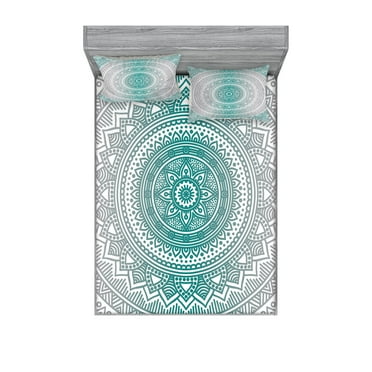 Ambesonne Mandala Fitted Sheet & Pillow Sham Set, Boho Art Work, Full, Grey Teal