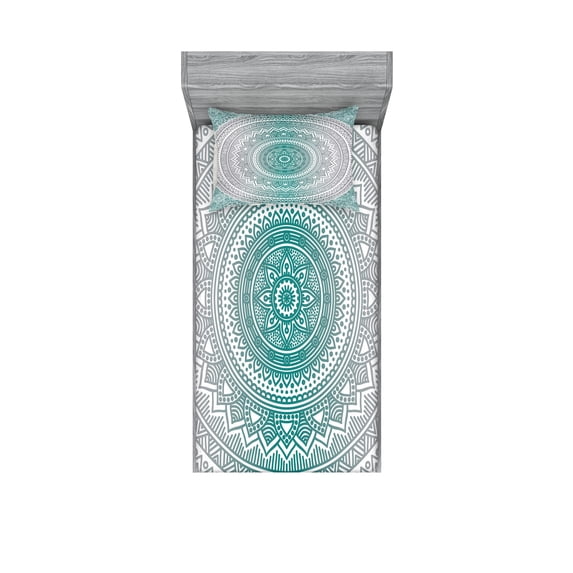 Ambesonne Mandala Fitted Sheet & Pillow Sham Set, Boho Art Work, Twin, Grey Teal