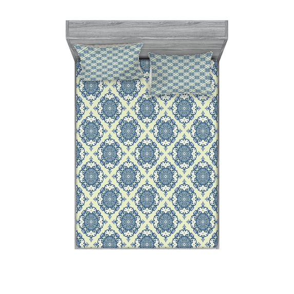 Ambesonne Mandala Fitted Sheet & Pillow Sham Set, Curvy Floral Motifs, Queen, Reseda Green Pale Blue