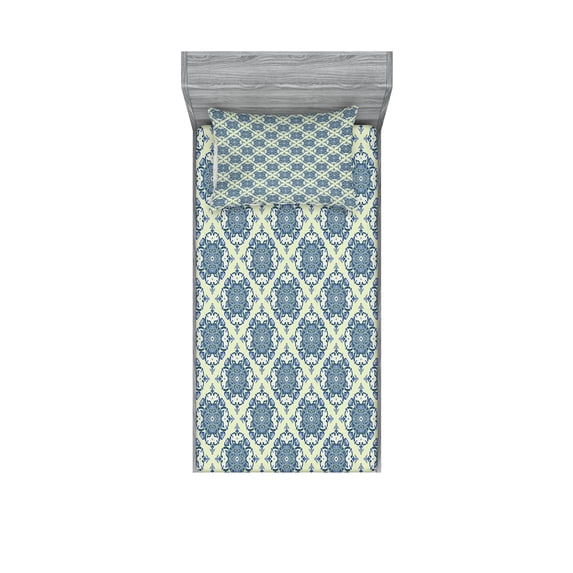Ambesonne Mandala Fitted Sheet & Pillow Sham Set, Curvy Floral Motifs, Twinxl, Reseda Green Pale Blue