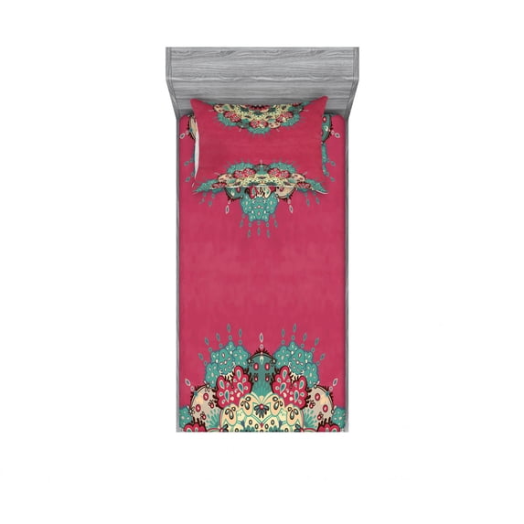 Ambesonne Mandala Fitted Sheet & Pillow Sham Set, Eastern Boho Floral, Twin, Multicolor