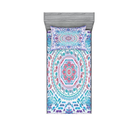 Ambesonne Mandala Fitted Sheet & Pillow Sham Set, Floral Medallion Design, Twinxl, Turquoise Purple