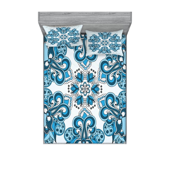 Ambesonne Mandala Fitted Sheet & Pillow Sham Set, Folk, Queen, Sky Blue Bluegrey