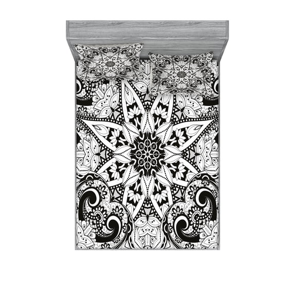 Ambesonne Mandala Fitted Sheet & Pillow Sham Set, Lace Like Lotus Flower Form, Queen, Black White