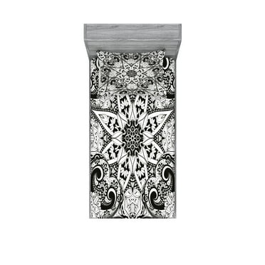 Ambesonne Mandala Fitted Sheet & Pillow Sham Set, Lace Like Lotus Flower Form, Twin, Black White