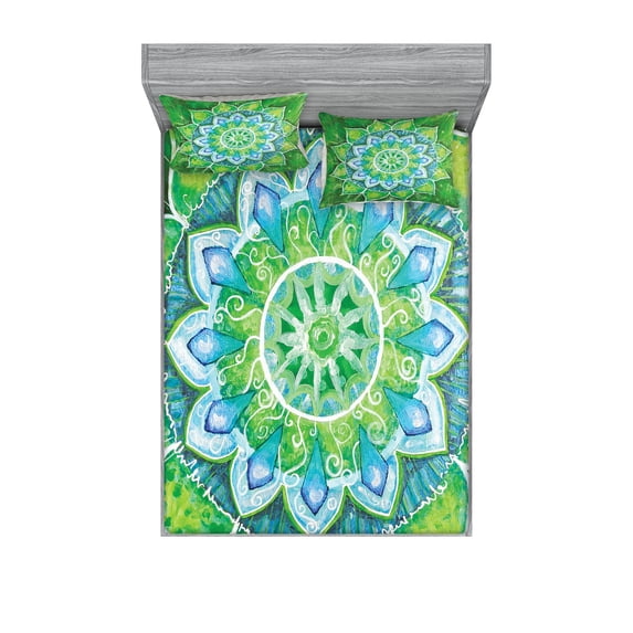 Ambesonne Mandala Fitted Sheet & Pillow Sham Set, Leaf Forms Nature, Queen, Green Blue