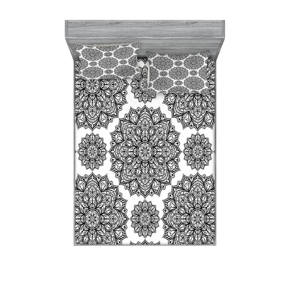 Ambesonne Mandala Fitted Sheet & Pillow Sham Set, Oriental Mandala Design, Full, Black and White
