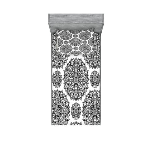 Ambesonne Mandala Fitted Sheet & Pillow Sham Set, Oriental Mandala Design, Twin, Black and White