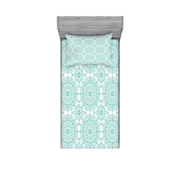 Ambesonne Mandala Fitted Sheet & Pillow Sham Set, Oriental Swirls, Twin, Aqua and White