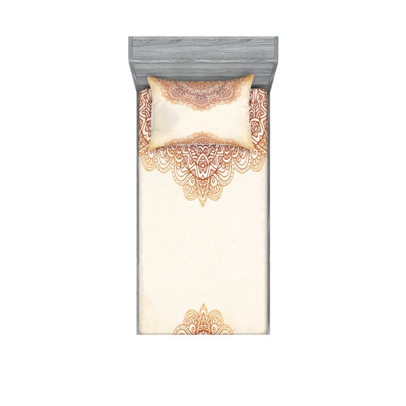 Ambesonne Mandala Fitted Sheet & Pillow Sham Set, Oriental Vintage Art, Twinxl, Beige and Burnt Orange