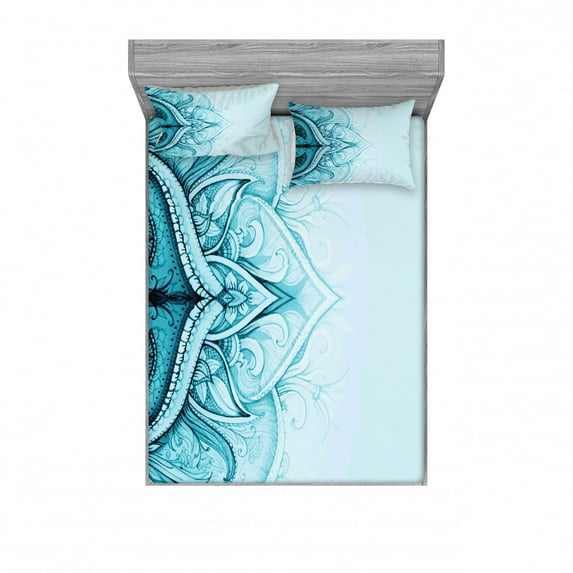 Ambesonne Mandala Fitted Sheet & Pillow Sham Set, Ornamental Lace, Queen, Aqua