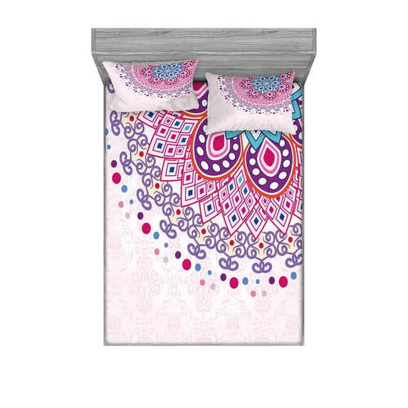 Ambesonne Mandala Fitted Sheet & Pillow Sham Set, Ornamental, Queen, Pale Pink Purple