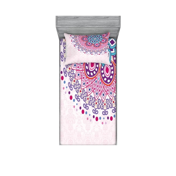 Ambesonne Mandala Fitted Sheet & Pillow Sham Set, Ornamental, Twin, Pale Pink Purple