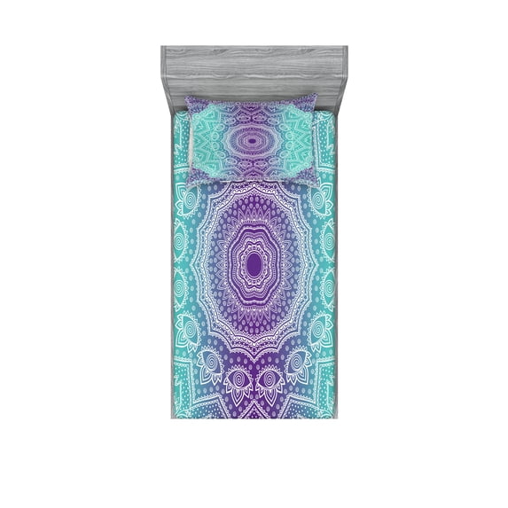 Ambesonne Mandala Fitted Sheet & Pillow Sham Set, Ornate Hippie, Twin, Purple Aqua