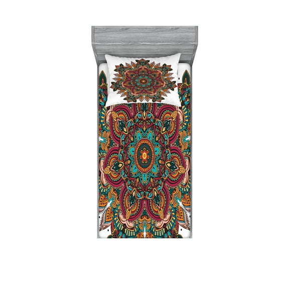 Ambesonne Mandala Fitted Sheet & Pillow Sham Set, Pattern, Twinxl, Multicolor