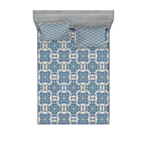 Ambesonne Mandala Fitted Sheet & Pillow Sham Set, Repeating Form, Full, Reseda Green Pale Blue