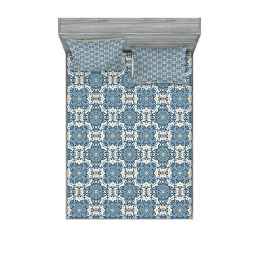 Ambesonne Mandala Fitted Sheet & Pillow Sham Set, Repeating Form, Queen, Reseda Green Pale Blue