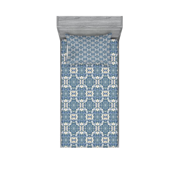 Ambesonne Mandala Fitted Sheet & Pillow Sham Set, Repeating Form, Twin, Reseda Green Pale Blue