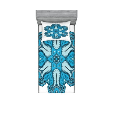 Ambesonne Mandala Fitted Sheet & Pillow Sham Set, Traditional Blooming Floral, Twinxl, Blue White