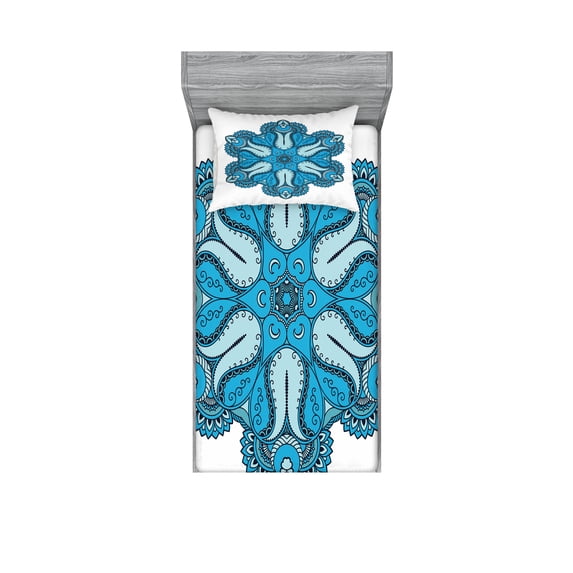 Ambesonne Mandala Fitted Sheet & Pillow Sham Set, Traditional Blooming Floral, Twinxl, Blue White