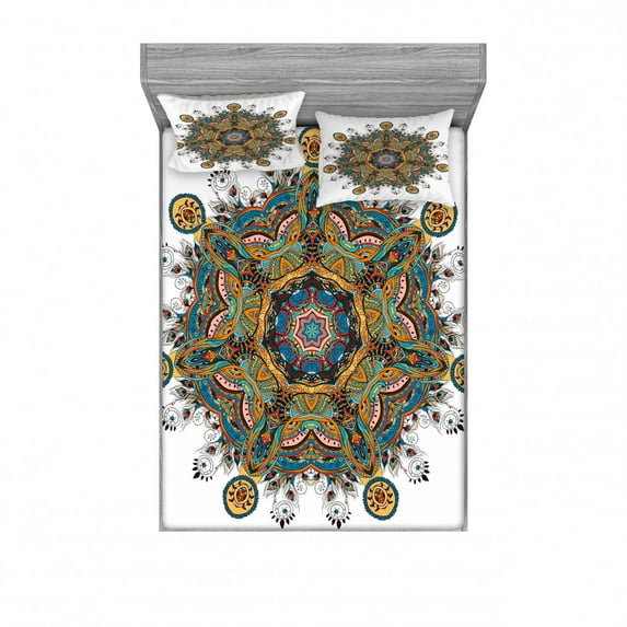 Ambesonne Mandala Fitted Sheet & Pillow Sham Set, Tribal Paisley Boho Art, Queen, Multicolor