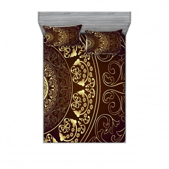 Ambesonne Mandala Fitted Sheet & Pillow Sham Set, Vintage, Queen, Burgundy Yellow