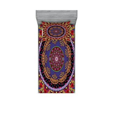 Ambesonne Mandala Fitted Sheet & Pillow Sham Set, Vintage Style Wedding, Twin, Maroon and Red