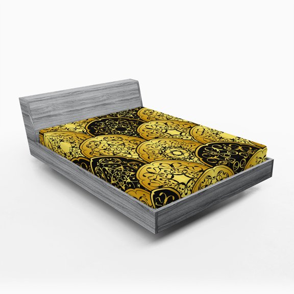 Ambesonne Mandala Fitted Sheet, Scale Style Circles, Full Size, Yellow and Black