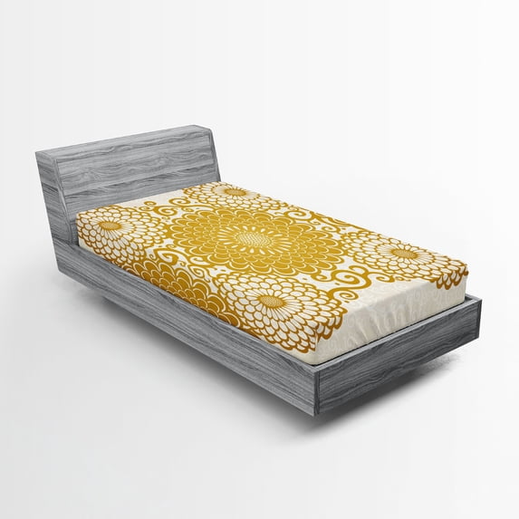 Ambesonne Mandala Fitted Sheet, Spring Flowers Border, Twin Size, Eggshell Earth Yellow