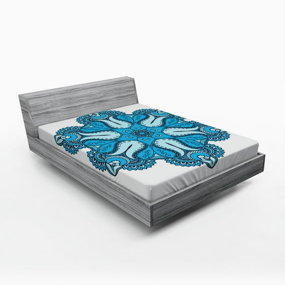 Ambesonne Mandala Fitted Sheet, Traditional Blooming Floral, Queen Size, Blue White