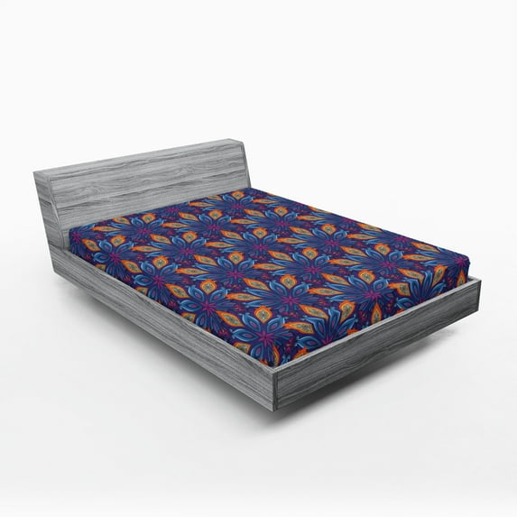 Ambesonne Mandala Fitted Sheet, Vibrant Floral Ornate, Queen Size, Orange Pale Blue Purple