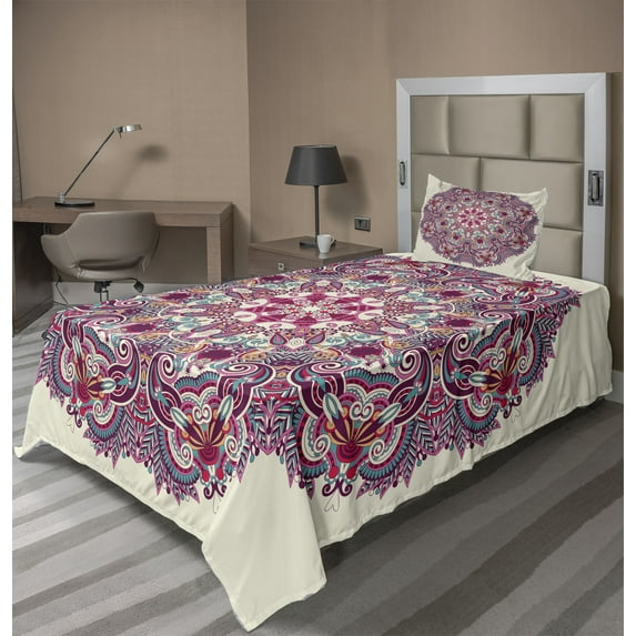 Ambesonne Mandala Fitted & Top Sheet Set with Sham, Detailed Boho Floral Herb, Multicolor