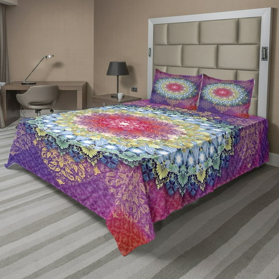 Ambesonne Mandala Fitted & Top Sheet Set with Shams, Geometric Zigzag Shape, Multicolor
