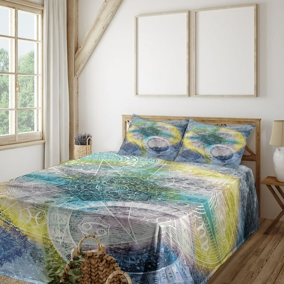 Ambesonne Mandala Fitted & Top Sheet Set with Shams, Geometry Element, Multicolor