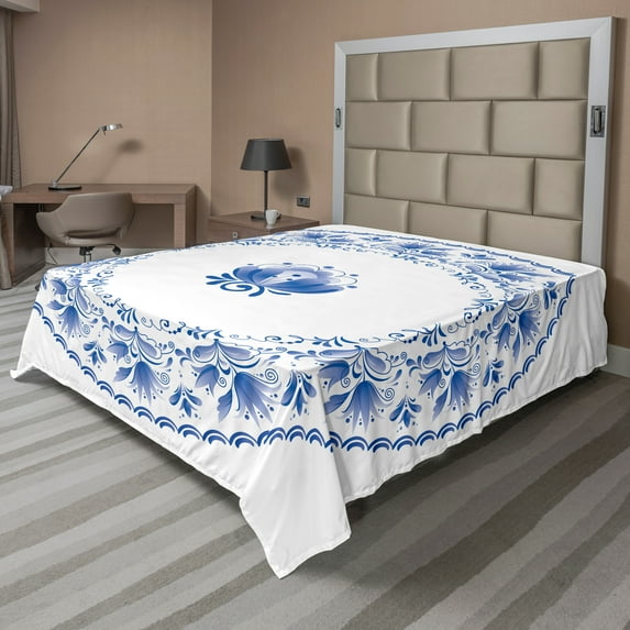Ambesonne Mandala Flat Sheet, Cold Tone Eastern Flowery, California King, White Blue