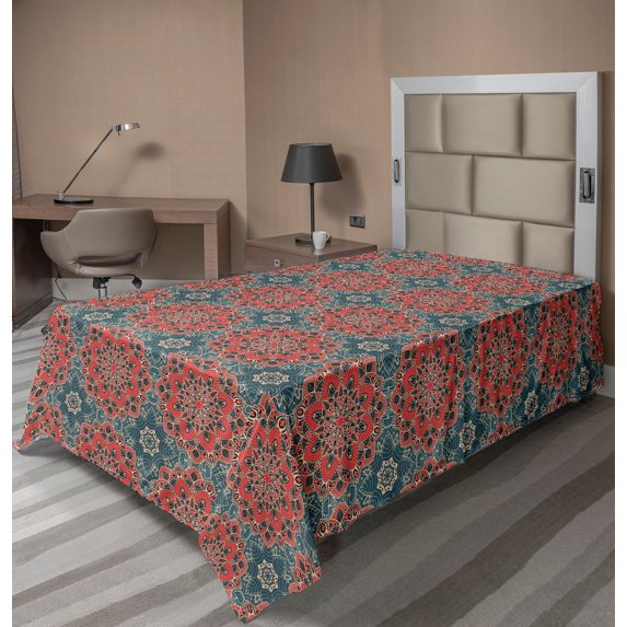 Ambesonne Mandala Flat Sheet, Culture Flower Illustration, TwinXL Size, Dark Coral and Slate Blue